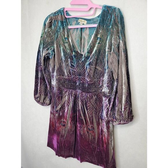 One World Y2K Velvet Empire Waist Puff Sleeve V Neck Peacock Print Tunic Top - Picture 3 of 8